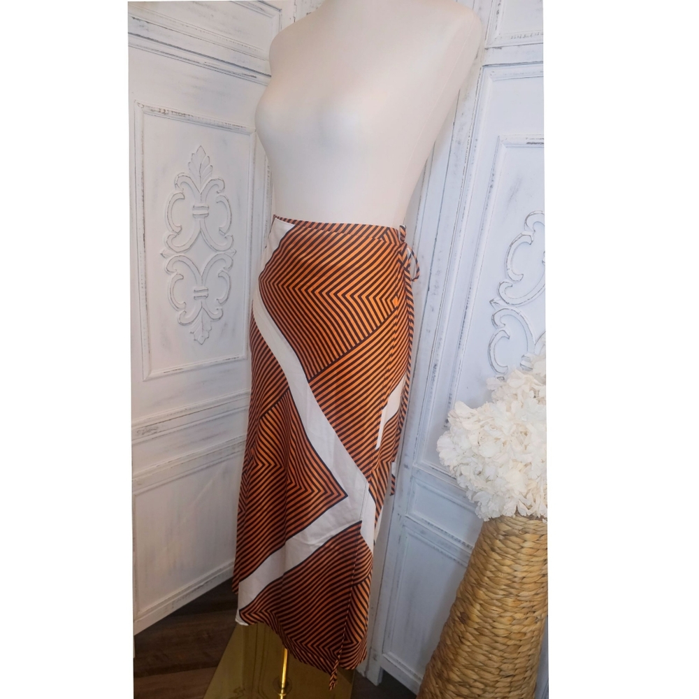 Loft Orange & White Geometric Striped Pattern Bias Faux Wrap Mid Skirt